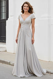 Silver V Neck Ruched A Line Long Mother Of The Bride Dress