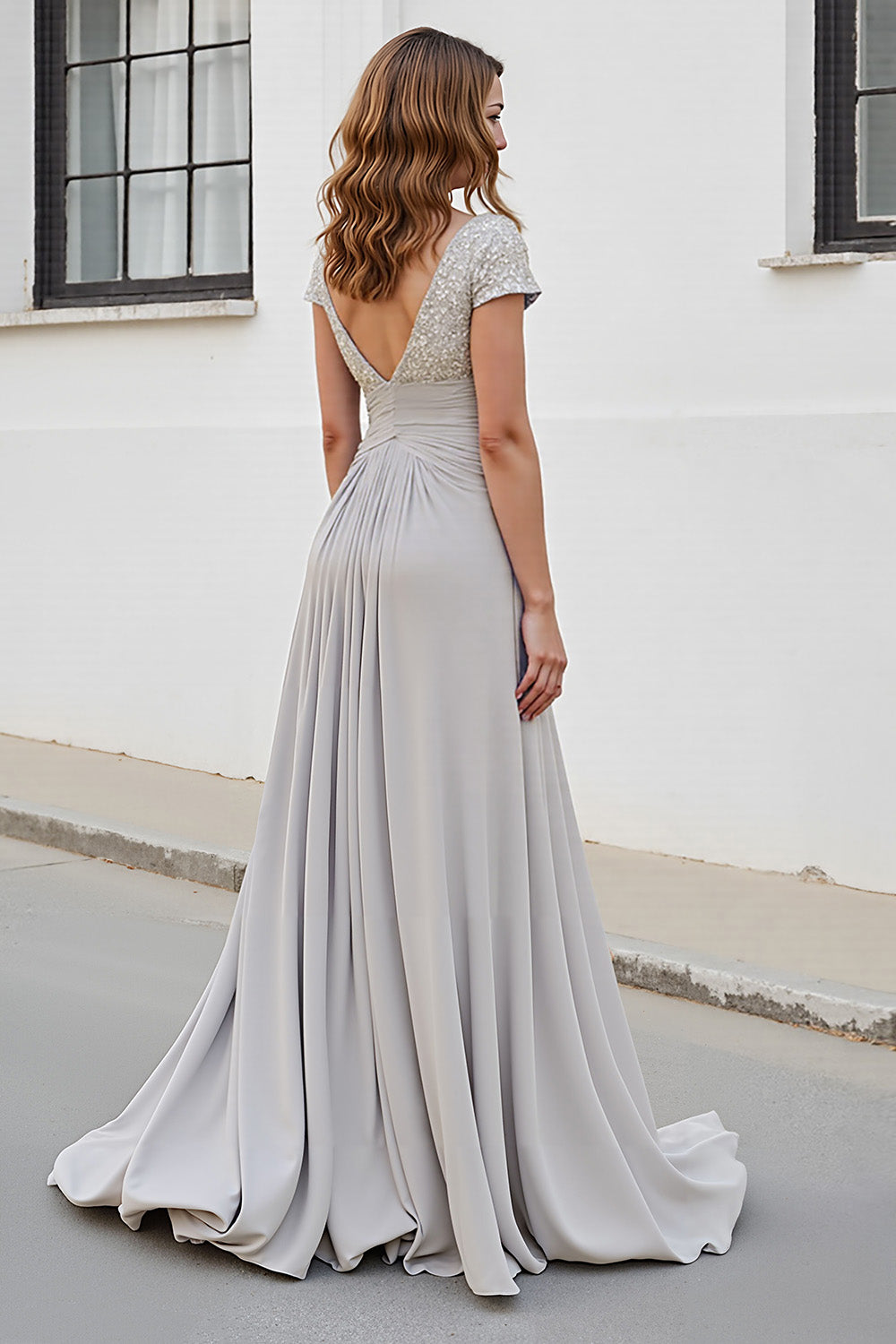 Silver V Neck Ruched A Line Long Mother Of The Bride Dress