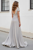 Silver V Neck Ruched A Line Long Mother Of The Bride Dress
