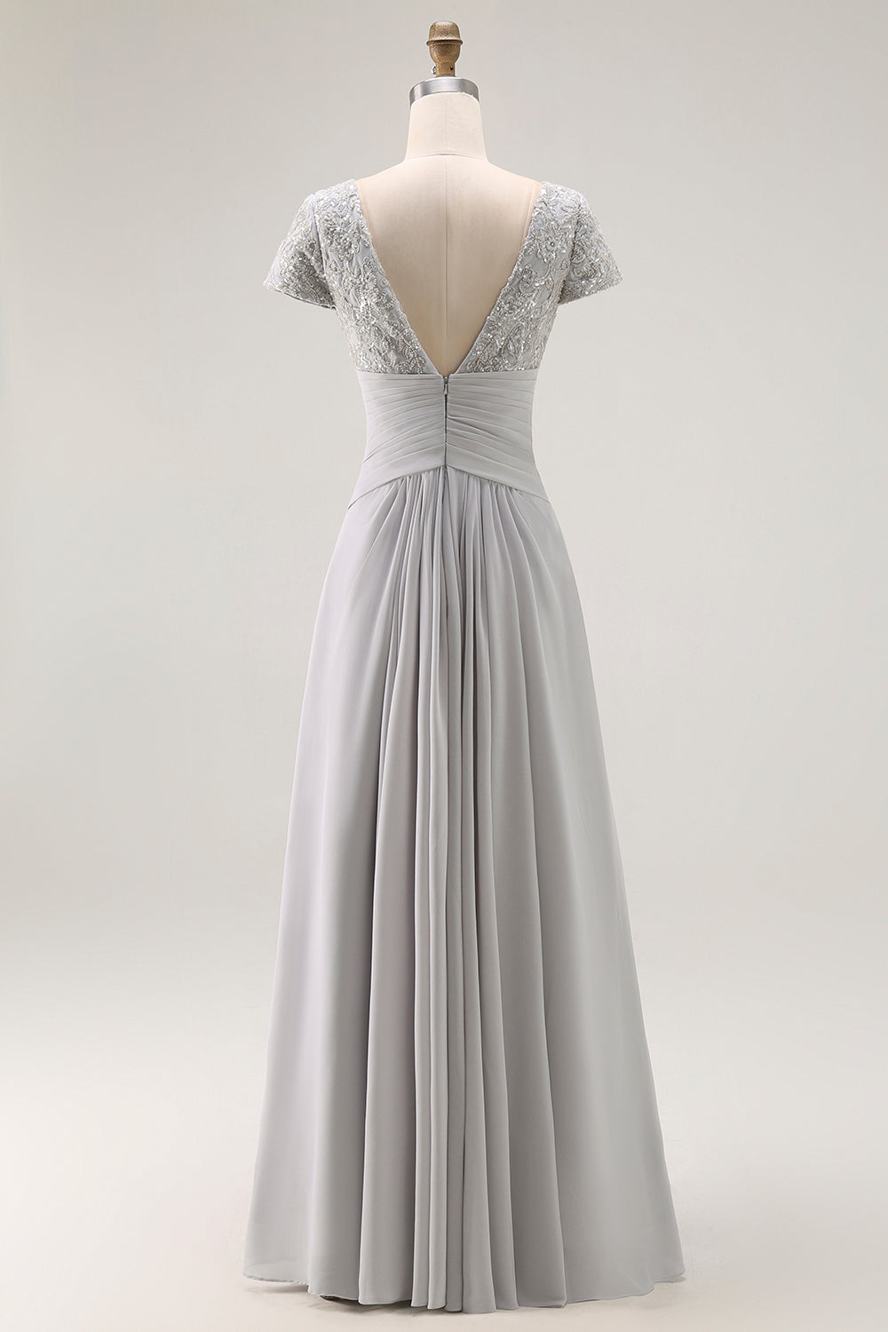 Silver V Neck Ruched A Line Long Mother Of The Bride Dress