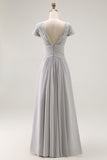 Silver V Neck Ruched A Line Long Mother Of The Bride Dress