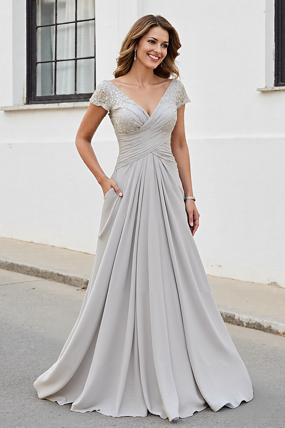 Silver V Neck Ruched A Line Long Mother Of The Bride Dress
