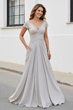 Silver V Neck Ruched A Line Long Mother Of The Bride Dress