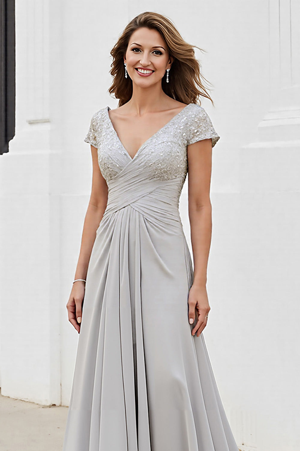 Silver V Neck Ruched A Line Long Mother Of The Bride Dress