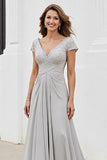 Silver V Neck Ruched A Line Long Mother Of The Bride Dress