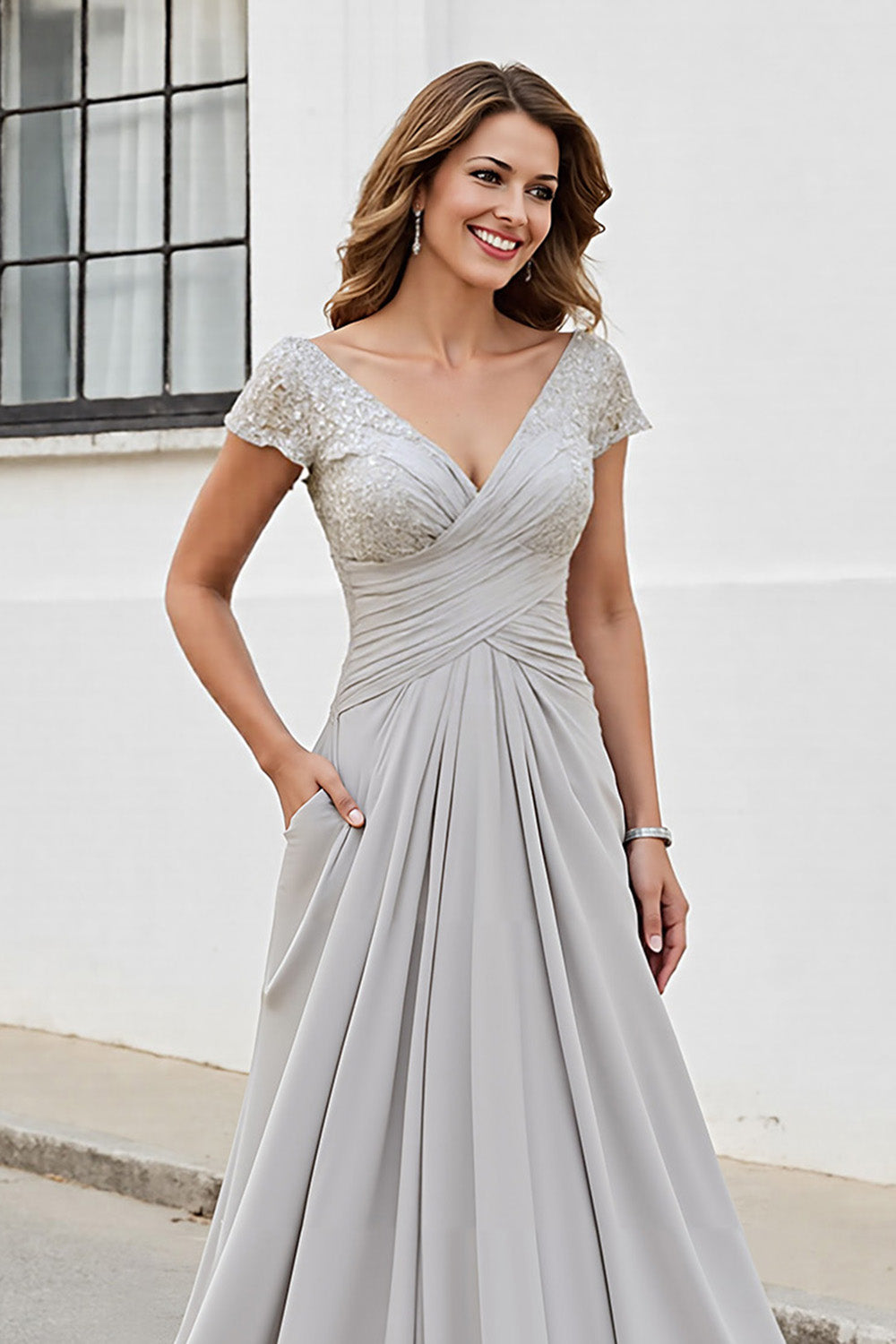 Silver V Neck Ruched A Line Long Mother Of The Bride Dress