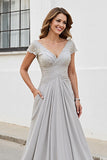 Silver V Neck Ruched A Line Long Mother Of The Bride Dress