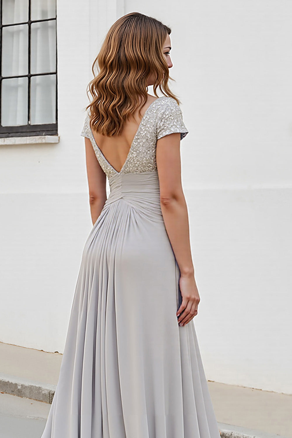 Silver V Neck Ruched A Line Long Mother Of The Bride Dress