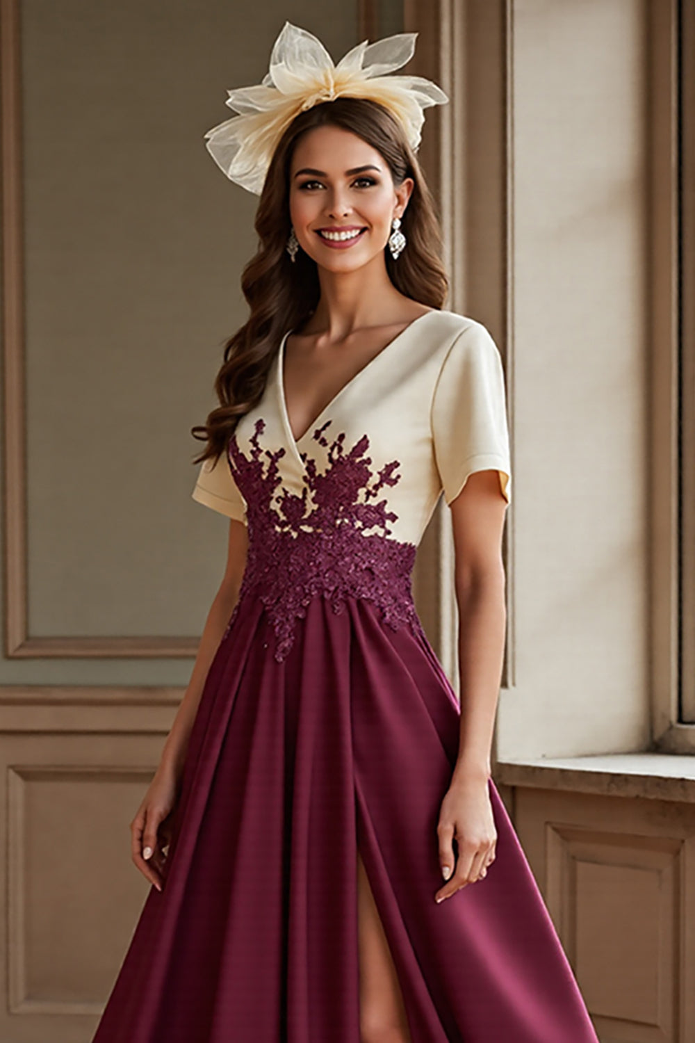Burgundy A Line Long V-Neck Mother Of The Bride Dress With Slit