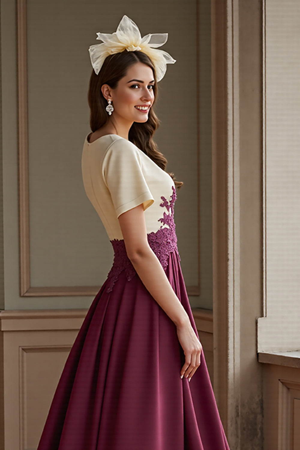 Burgundy A Line Long V-Neck Mother Of The Bride Dress With Slit