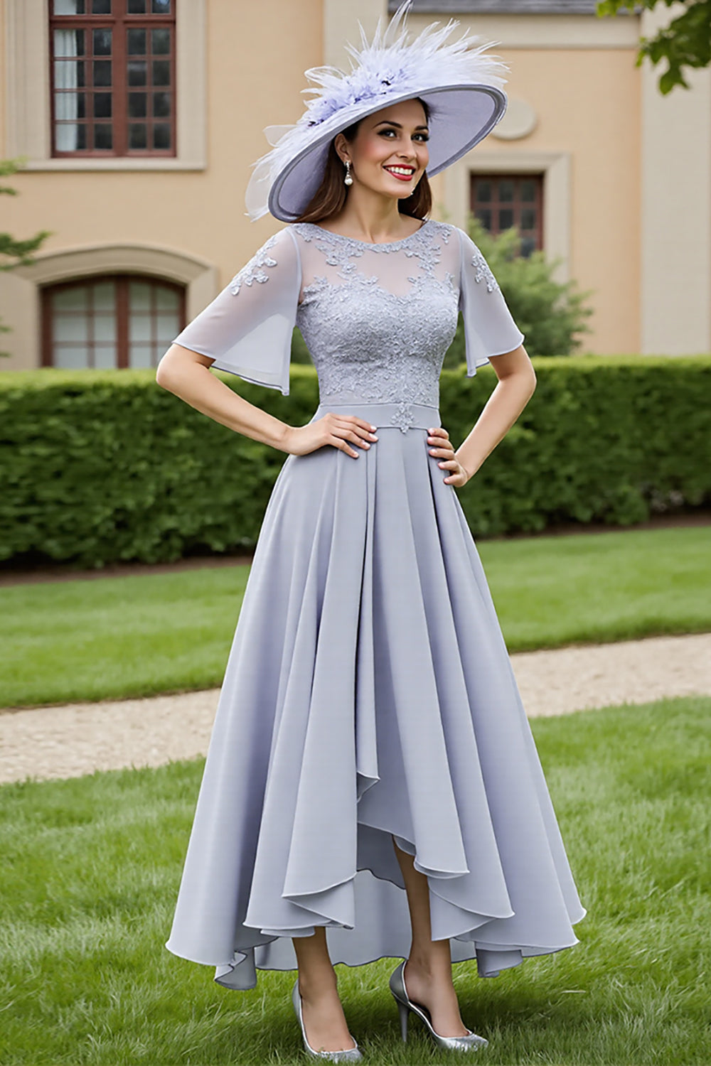 Silver Chiffon A Line Half Sleeves Long Mother Of The Bride Dress With Lace