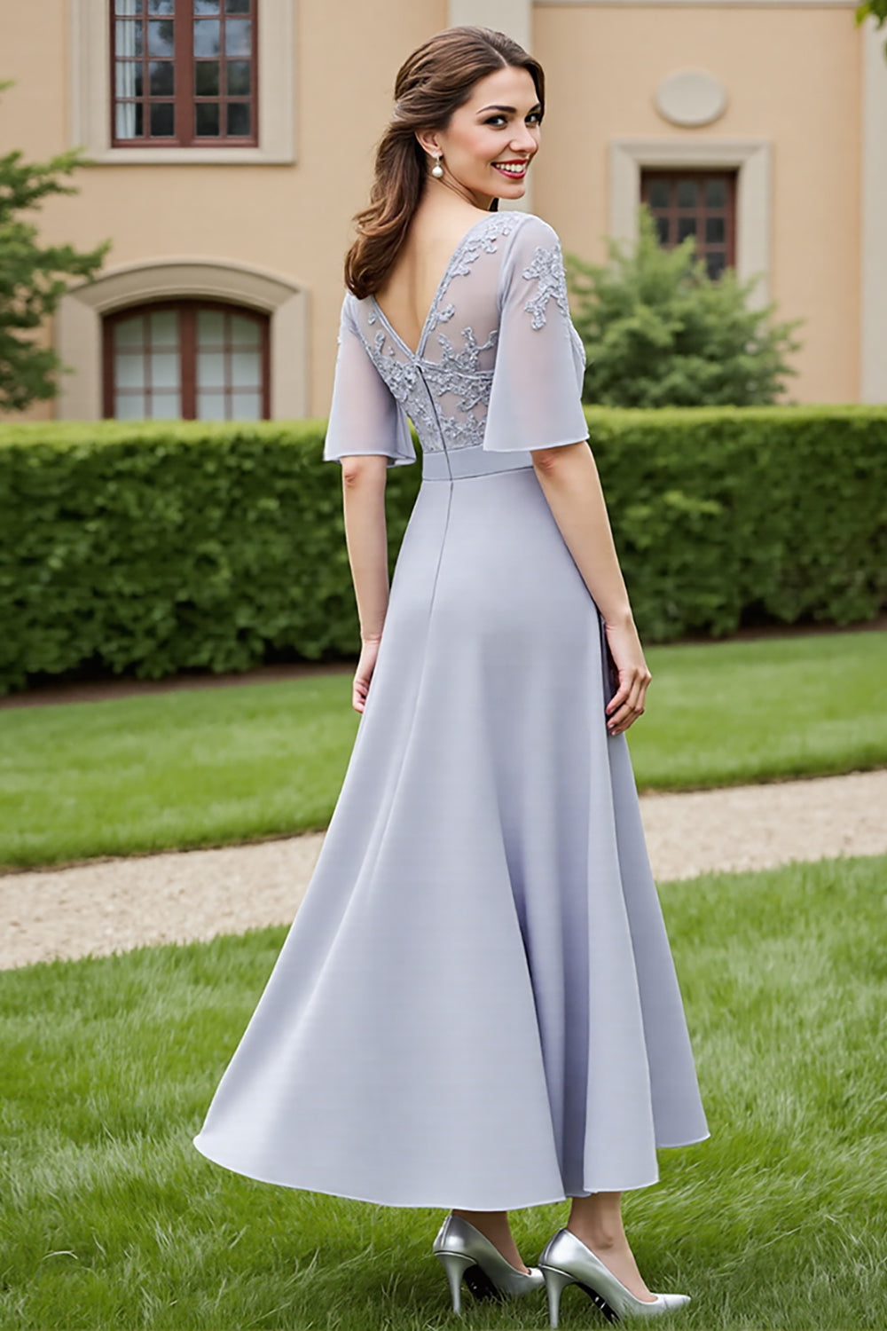 Silver Chiffon A Line Half Sleeves Long Mother Of The Bride Dress With Lace
