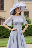 Silver Chiffon A Line Half Sleeves Long Mother Of The Bride Dress With Lace