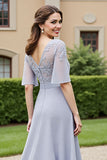 Silver Chiffon A Line Half Sleeves Long Mother Of The Bride Dress With Lace