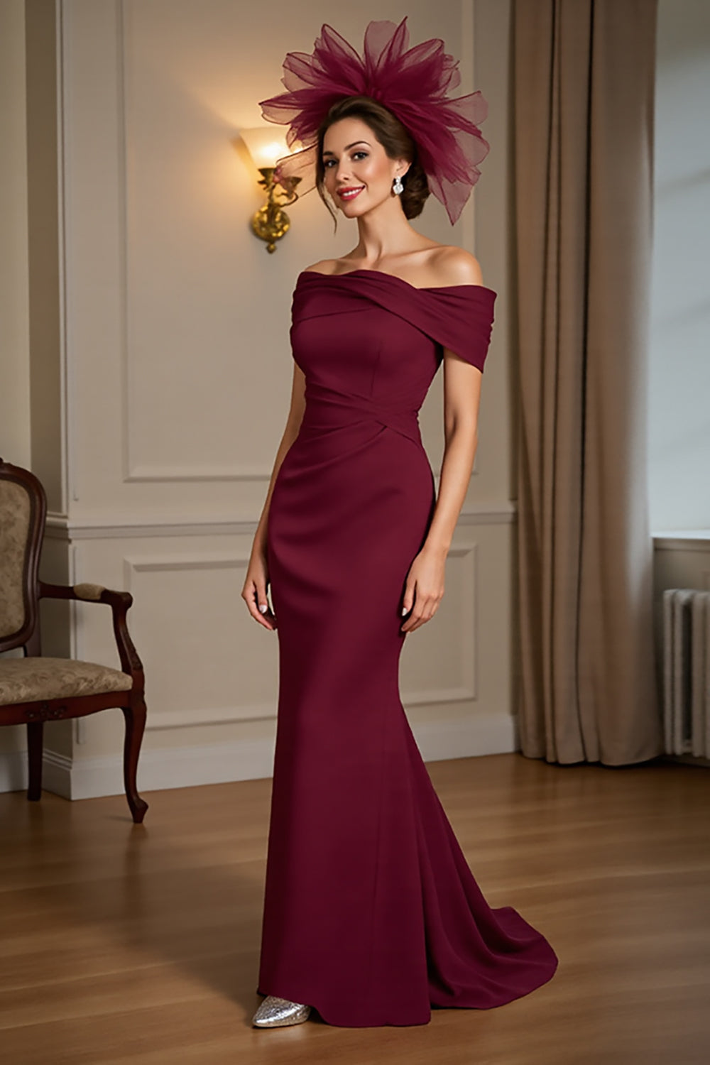 Burgundy Mermaid Off The Shoulder Long Mother Of The Bride Dress