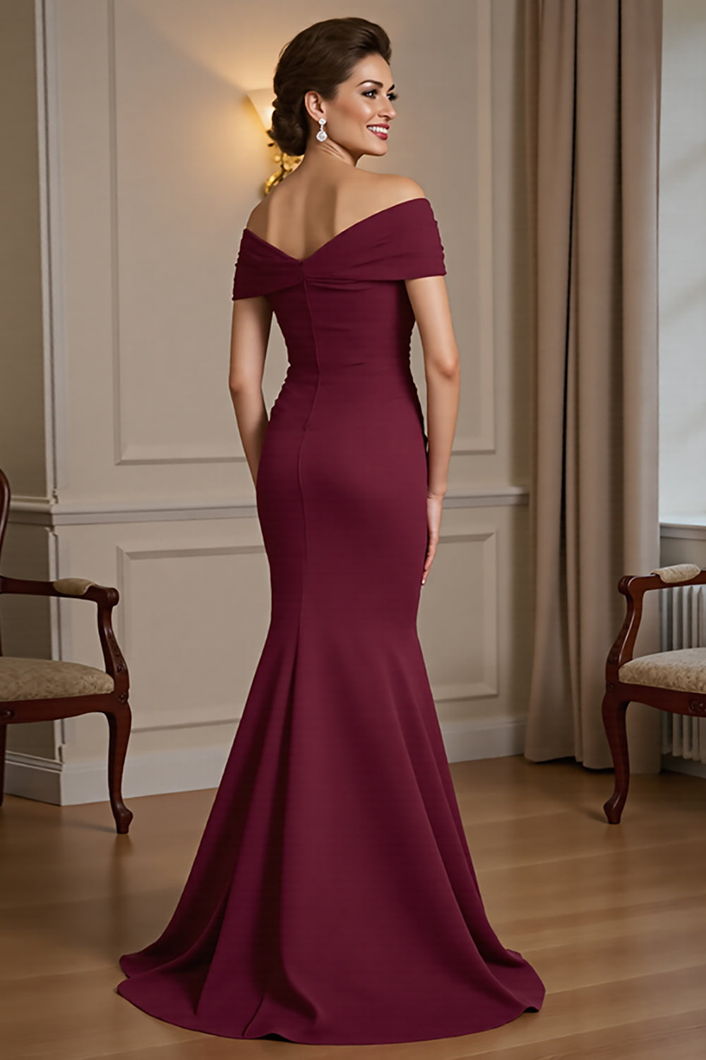 Burgundy Mermaid Off The Shoulder Long Mother Of The Bride Dress