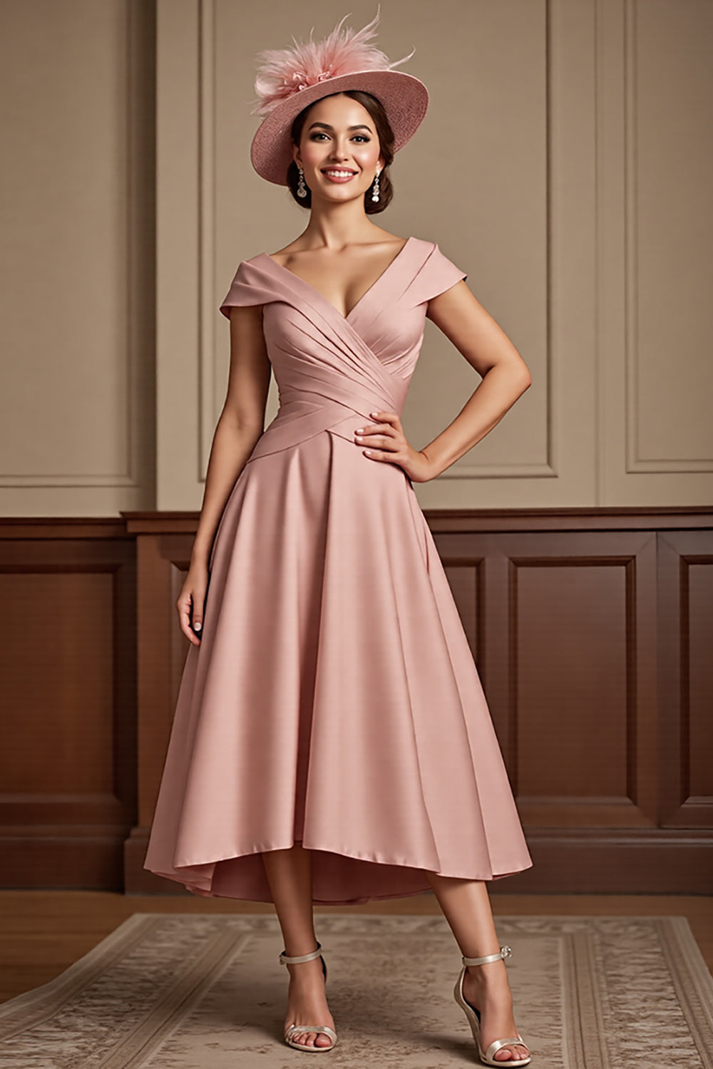 Dusty Rose Ruched A Line V-Neck Cap Sleeves Long Mother Of The Bride Dress