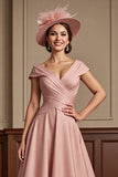 Dusty Rose Ruched A Line V-Neck Cap Sleeves Long Mother Of The Bride Dress