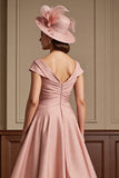 Dusty Rose Ruched A Line V-Neck Cap Sleeves Long Mother Of The Bride Dress