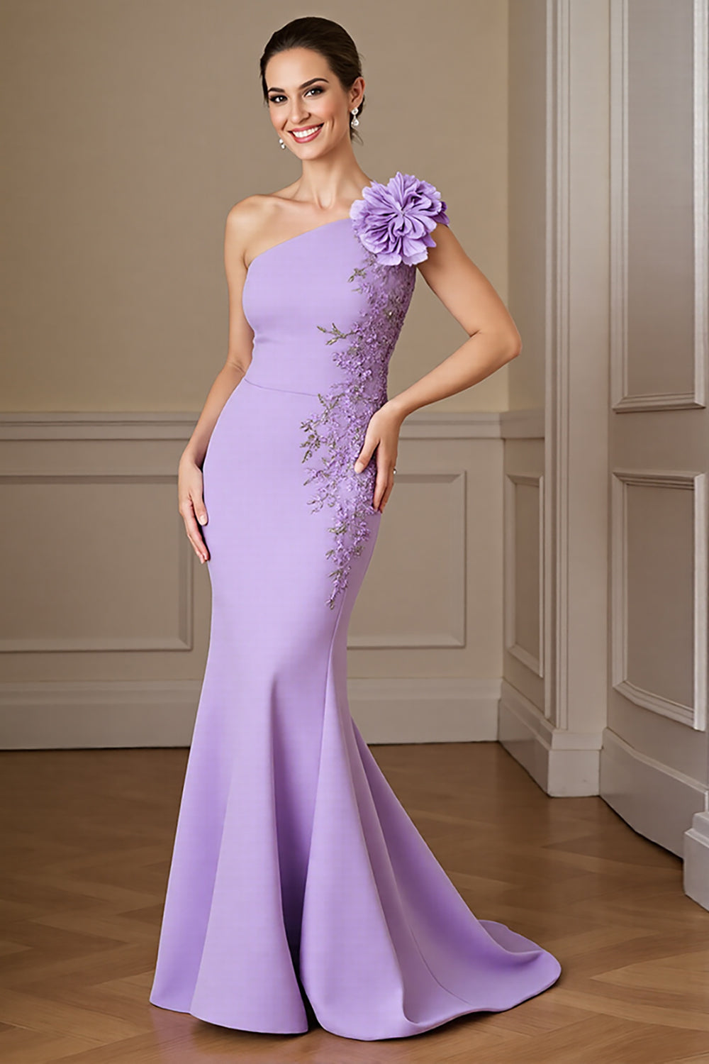 Lilac Floral One Shoulder Mermaid Long Mother Of The Bride Dress with Lace