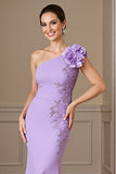 Lilac Floral One Shoulder Mermaid Long Mother Of The Bride Dress with Lace