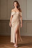 Apricot Off The Shoulder Ruched Long Mother Of The Bride Dress With Slit