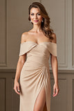 Apricot Off The Shoulder Ruched Long Mother Of The Bride Dress With Slit