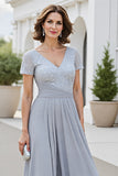 Sparkly Silver V Neck A Line Sequined Long Mother Of The Bride Dress