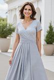 Sparkly Silver V Neck A Line Sequined Long Mother Of The Bride Dress