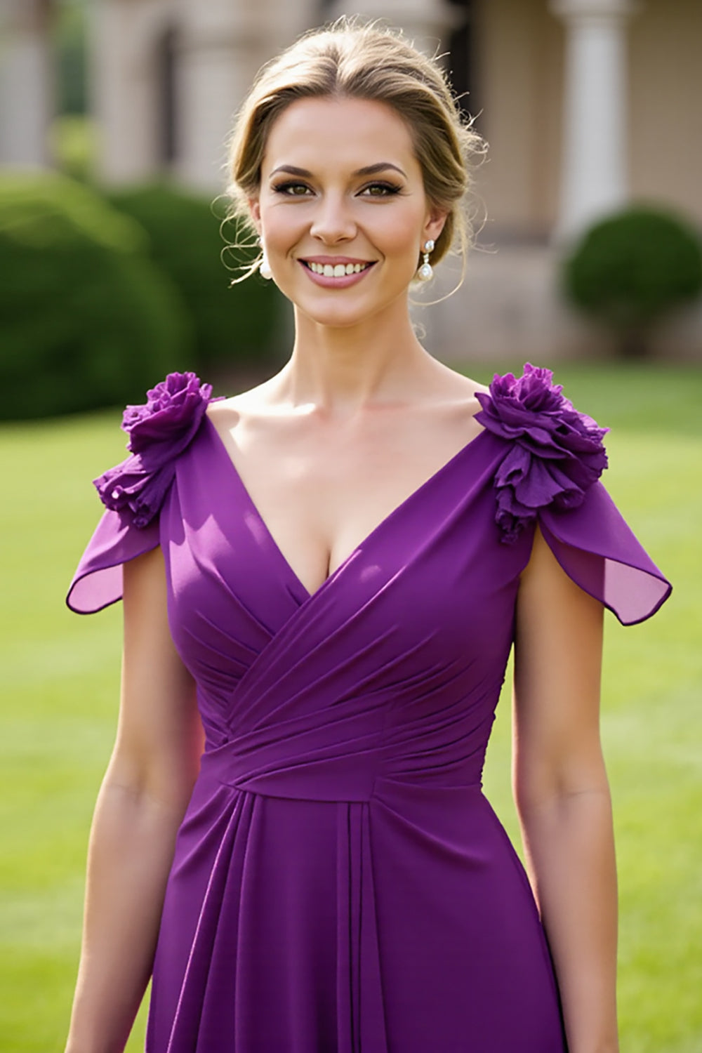 Grape Chiffon A Line Long Mother Of The Bride Dress With 3D Flowers