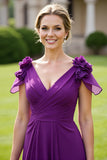 Grape Chiffon A Line Long Mother Of The Bride Dress With 3D Flowers