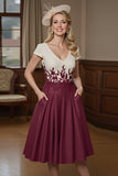 Burgundy A Line Short Sleeves Midi Mother Of The Bride Dress With Lace