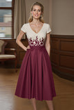 Burgundy A Line Short Sleeves Midi Mother Of The Bride Dress With Lace