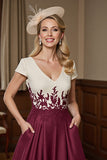 Burgundy A Line Short Sleeves Midi Mother Of The Bride Dress With Lace