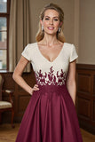 Burgundy A Line Short Sleeves Midi Mother Of The Bride Dress With Lace