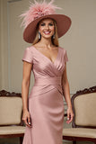 Dusty Rose Satin Sheath V-Neck Long Mother Of The Bride Dress