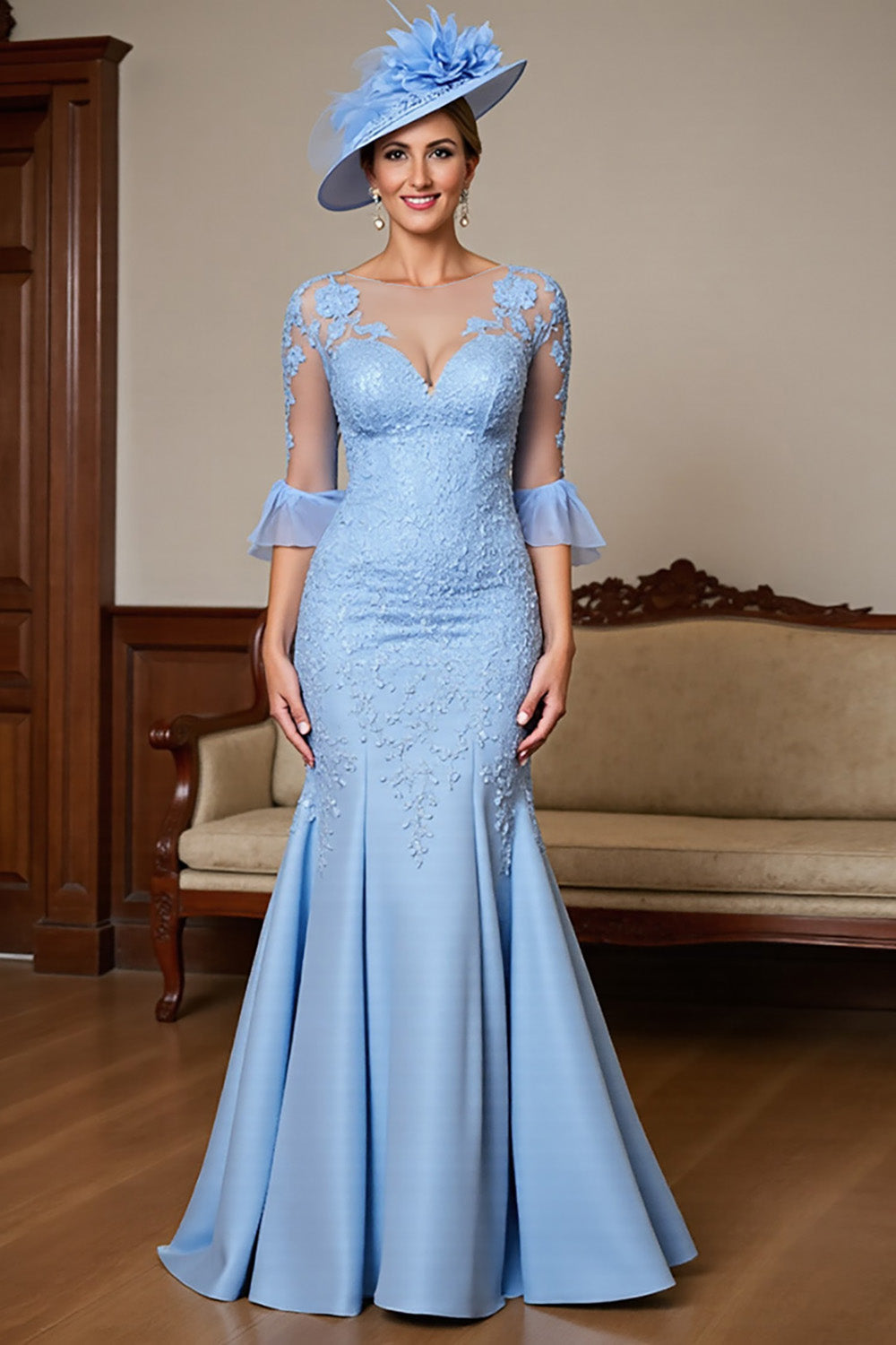 Sky Blue Mermaid Ruffled Long Mother Of The Bride Dress With Lace