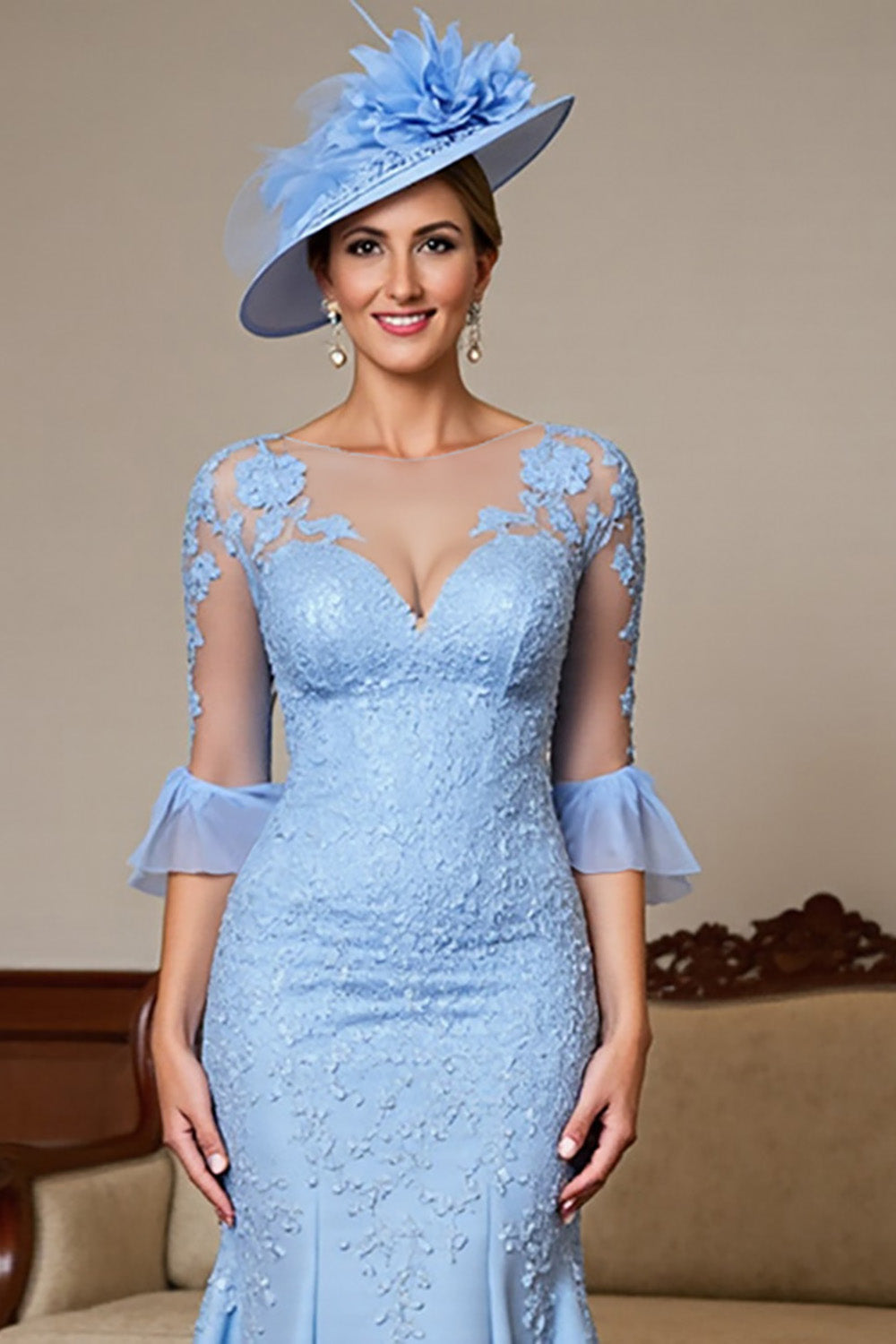 Sky Blue Mermaid Ruffled Long Mother Of The Bride Dress With Lace