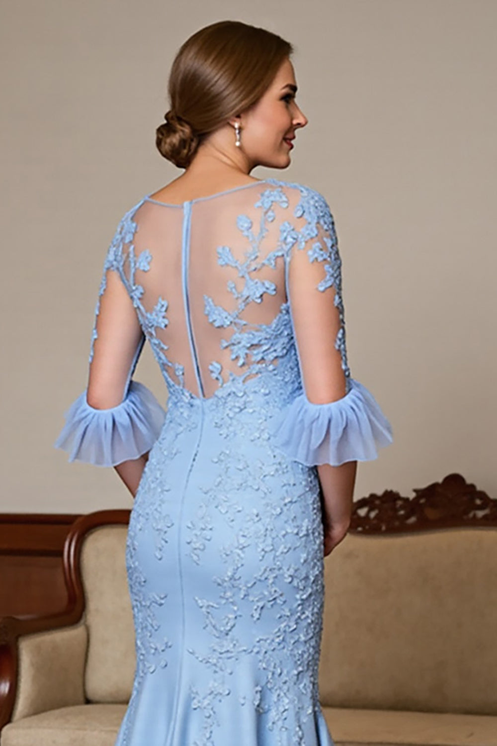 Sky Blue Mermaid Ruffled Long Mother Of The Bride Dress With Lace