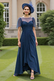 Navy Chiffon Ruched A Line Short Sleeves Long Mother Of The Bride Dress