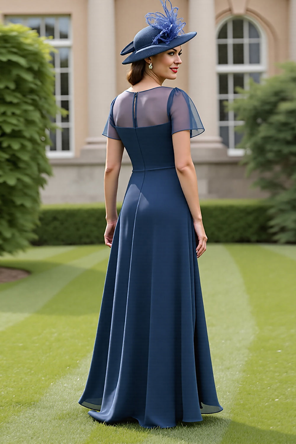 Navy Chiffon Ruched A Line Short Sleeves Long Mother Of The Bride Dress