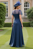 Navy Chiffon Ruched A Line Short Sleeves Long Mother Of The Bride Dress