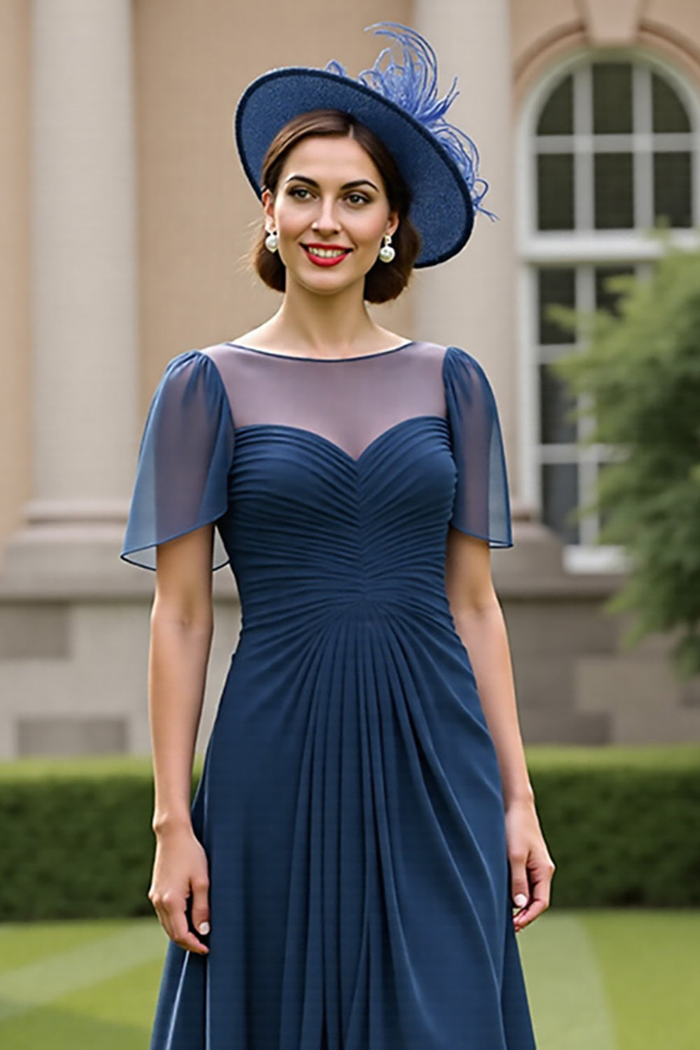 Navy Chiffon Ruched A Line Short Sleeves Long Mother Of The Bride Dress