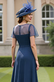 Navy Chiffon Ruched A Line Short Sleeves Long Mother Of The Bride Dress