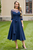 Navy Chiffon Half Sleeves A Line Long Mother Of The Bride Dress