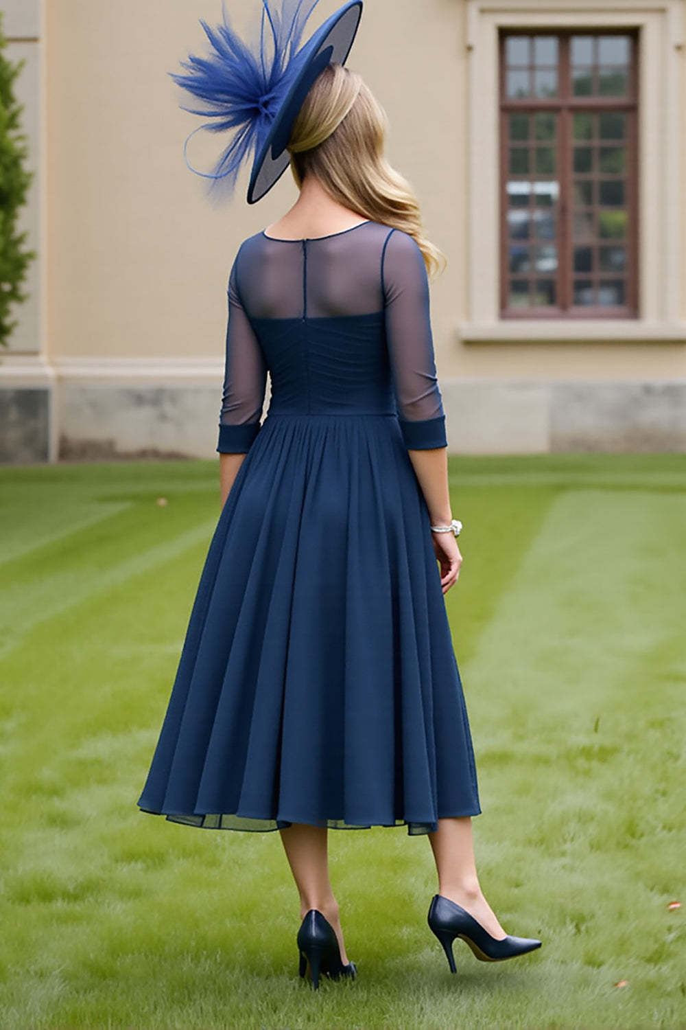 Navy Chiffon Half Sleeves A Line Long Mother Of The Bride Dress