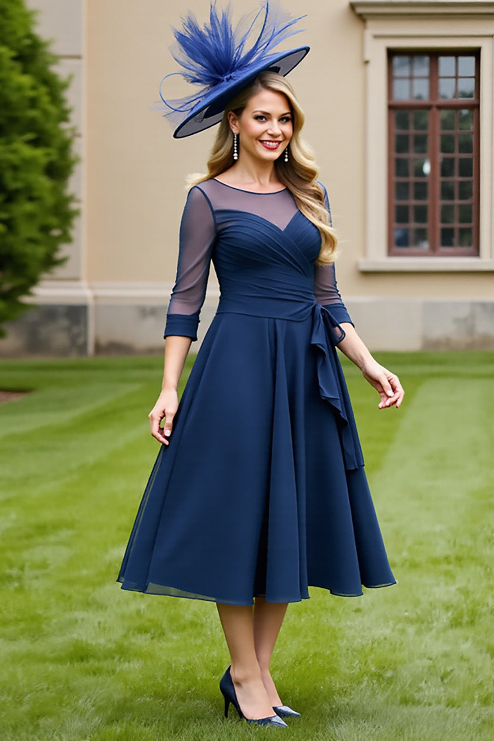 Navy Chiffon Half Sleeves A Line Long Mother Of The Bride Dress
