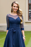 Navy Chiffon Half Sleeves A Line Long Mother Of The Bride Dress