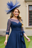 Navy Chiffon Half Sleeves A Line Long Mother Of The Bride Dress