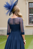Navy Chiffon Half Sleeves A Line Long Mother Of The Bride Dress